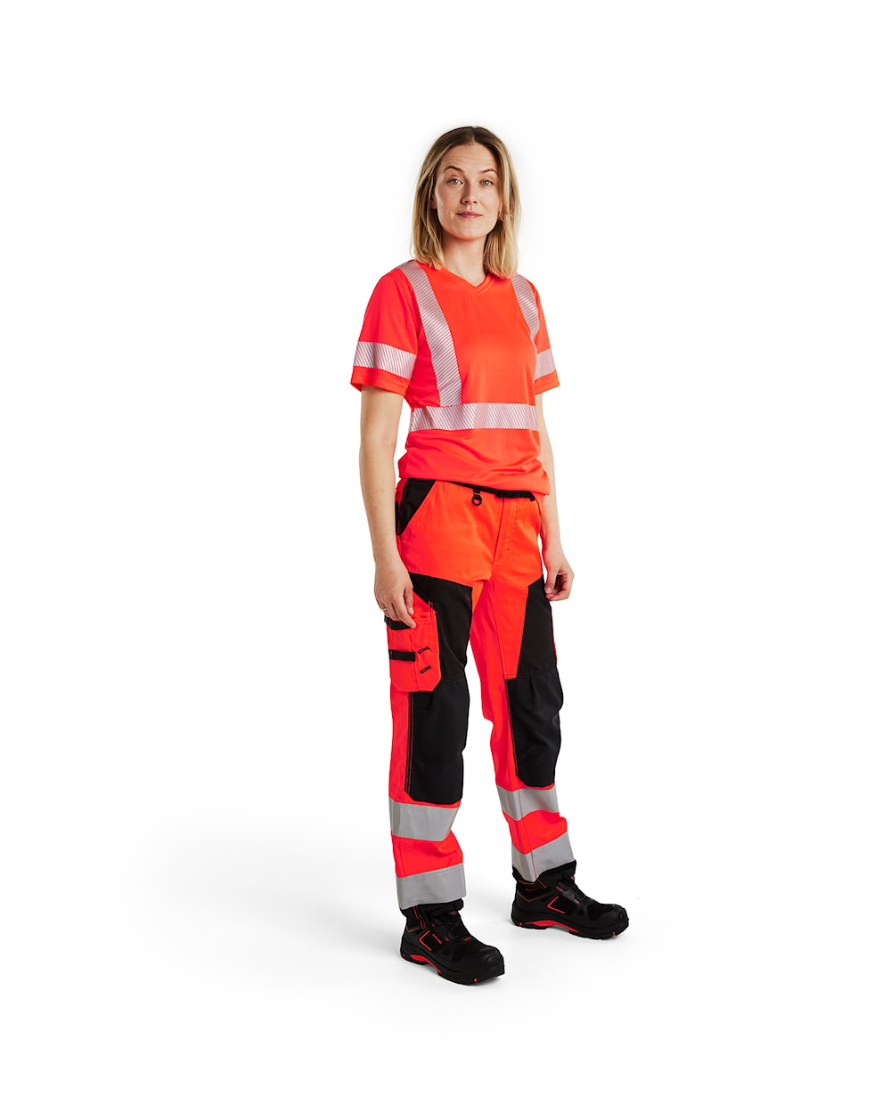 Blaklader Women's Hi-Vis Trousers without Nail Pockets 7155 #colour_red-hi-vis-black