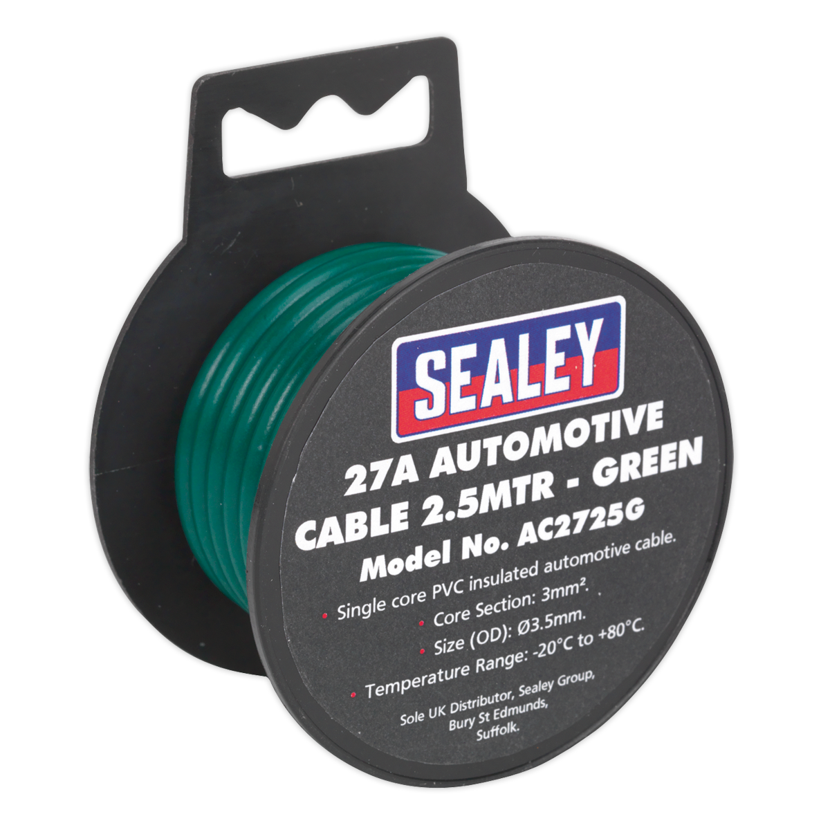Sealey Automotive Cable Thick Wall 27A 2.5m Green