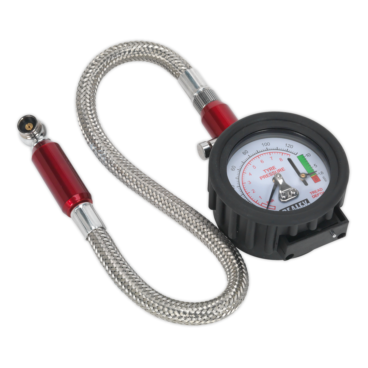 Sealey Tyre Pressure Gauge & Tyre Tread Depth Gauge - Flexible Hose 0-8bar(0-120psi)